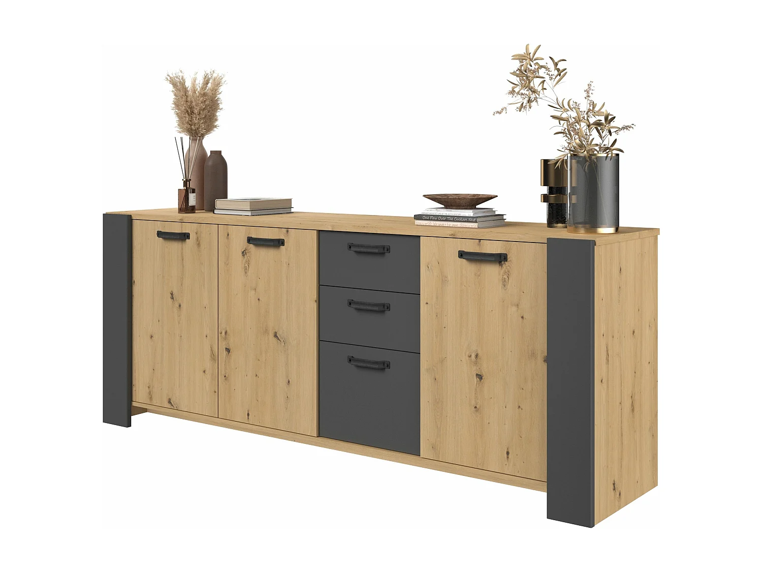 Buffet LOFT - Décor chene artisan et mélamine gris ombre - 3 portes et 3 tiroirs - L 220 x P 52 x H 86.5 cm -