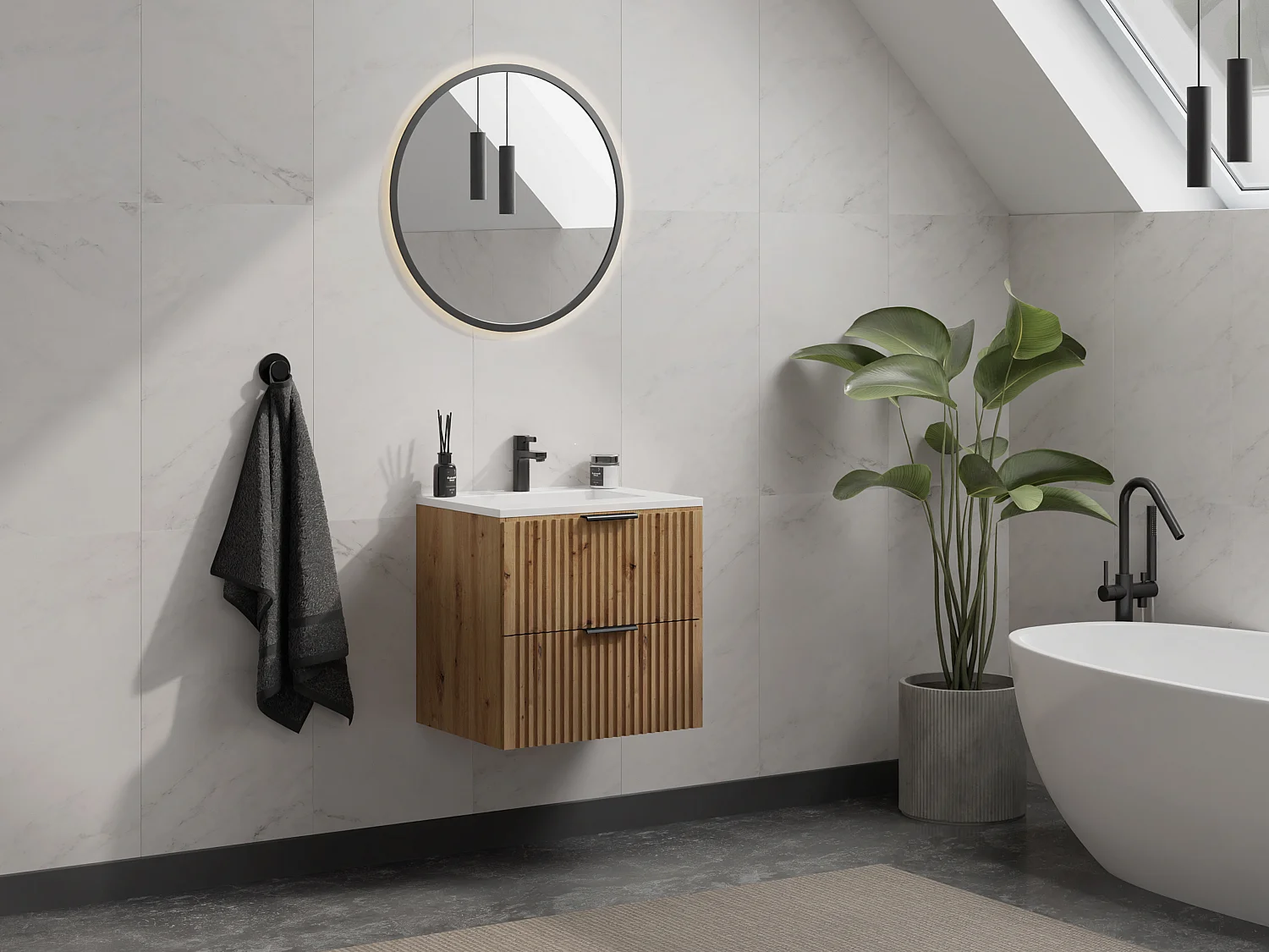 Meuble sous vasque suspendu strié - Naturel clair - L60 cm - ZEVARA