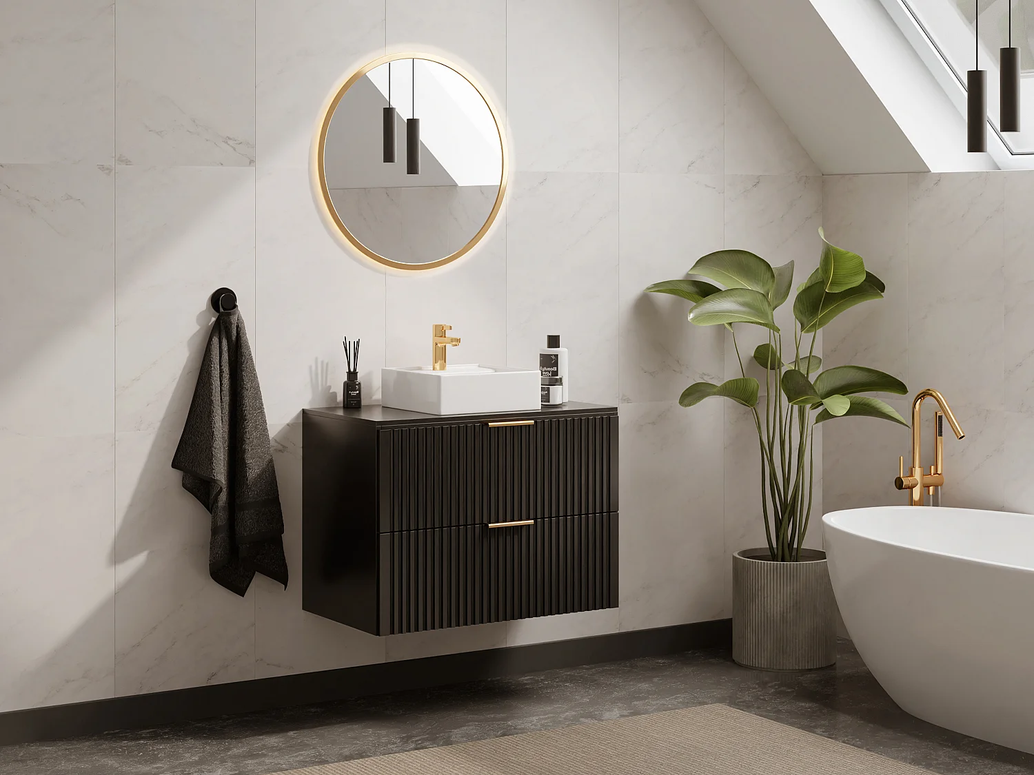 Meuble sous vasque suspendu strié - Noir - L80 cm - ZEVARA