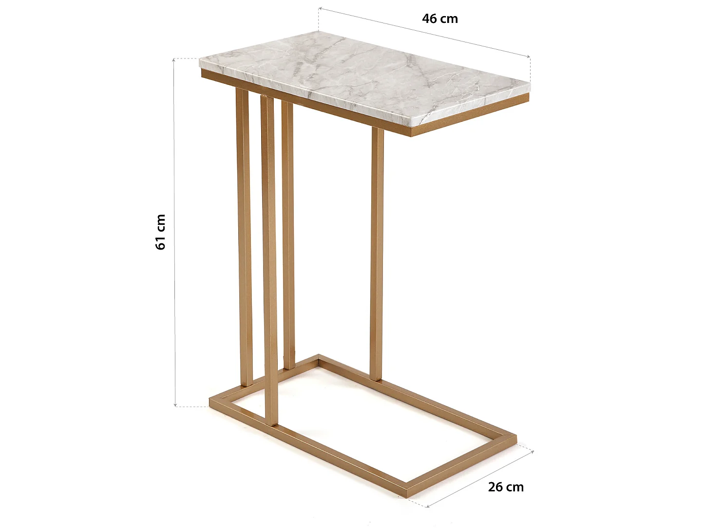 Table d'appoint Padua, 61 x 26 x 46 cm, Bois et métal, Marbre et or