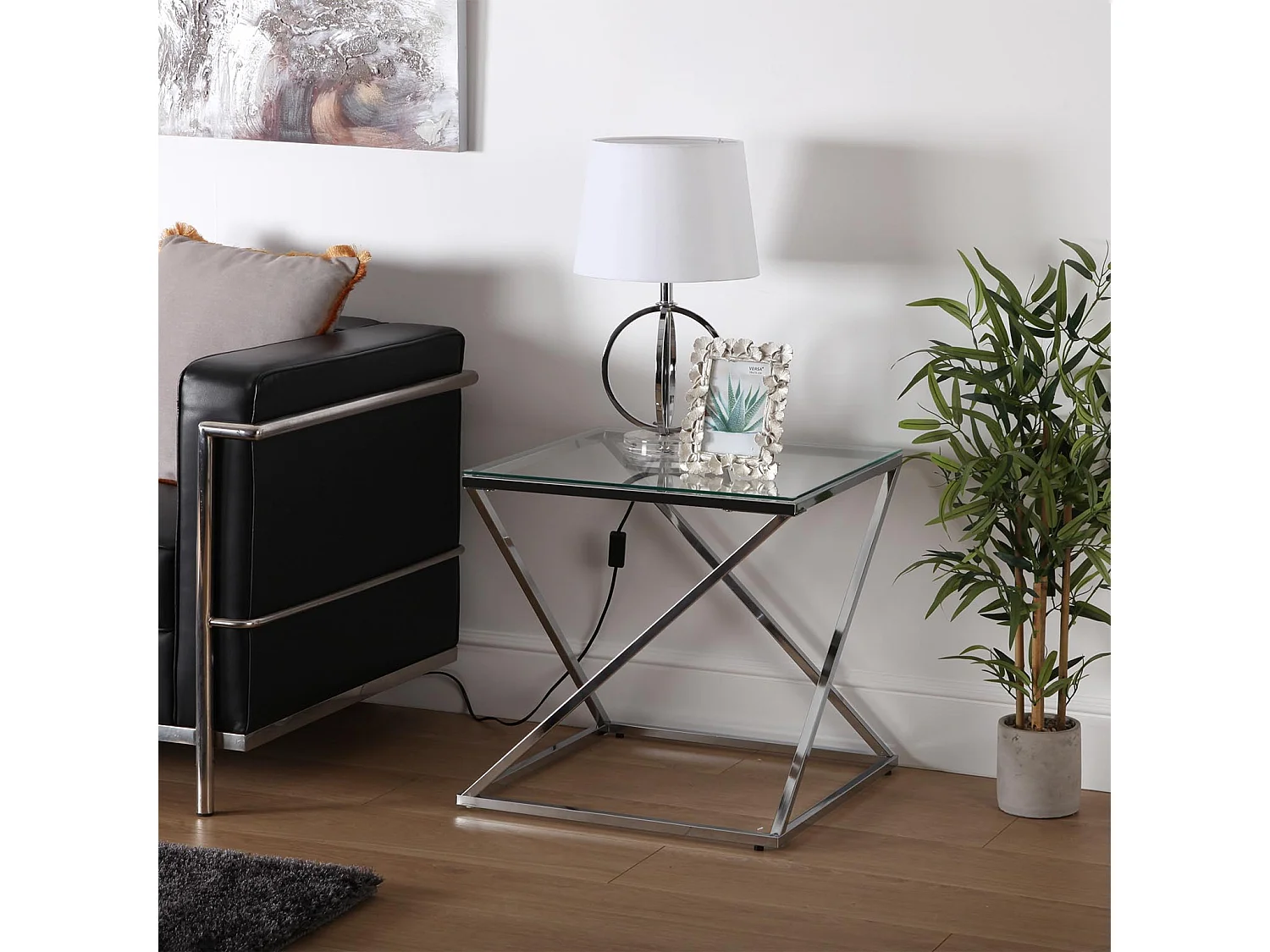 Table d'appoint Trento, 51 x 51 x 51 cm, Verre et métal, Argenté