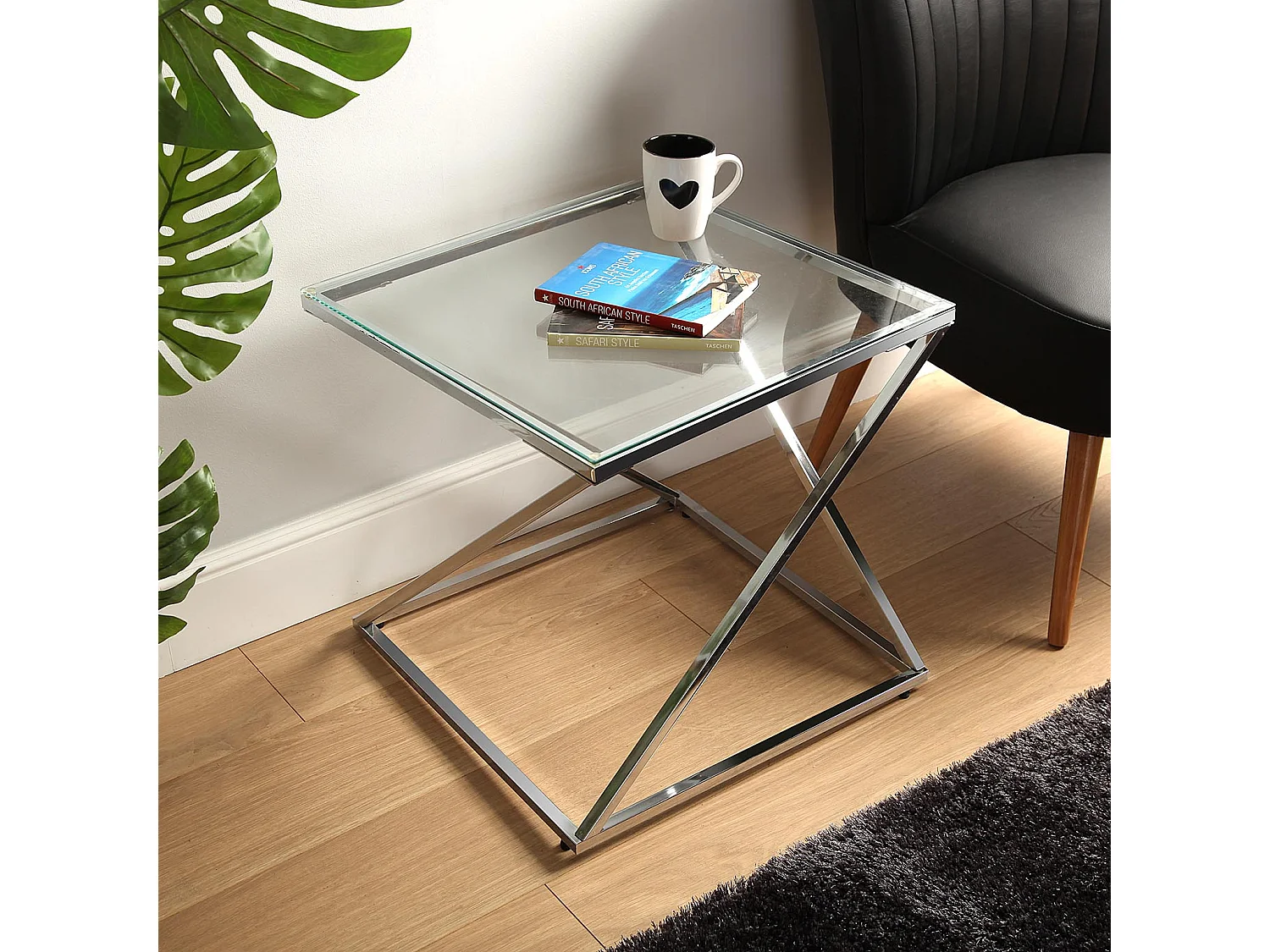 Table d'appoint Trento, 51 x 51 x 51 cm, Verre et métal, Argenté