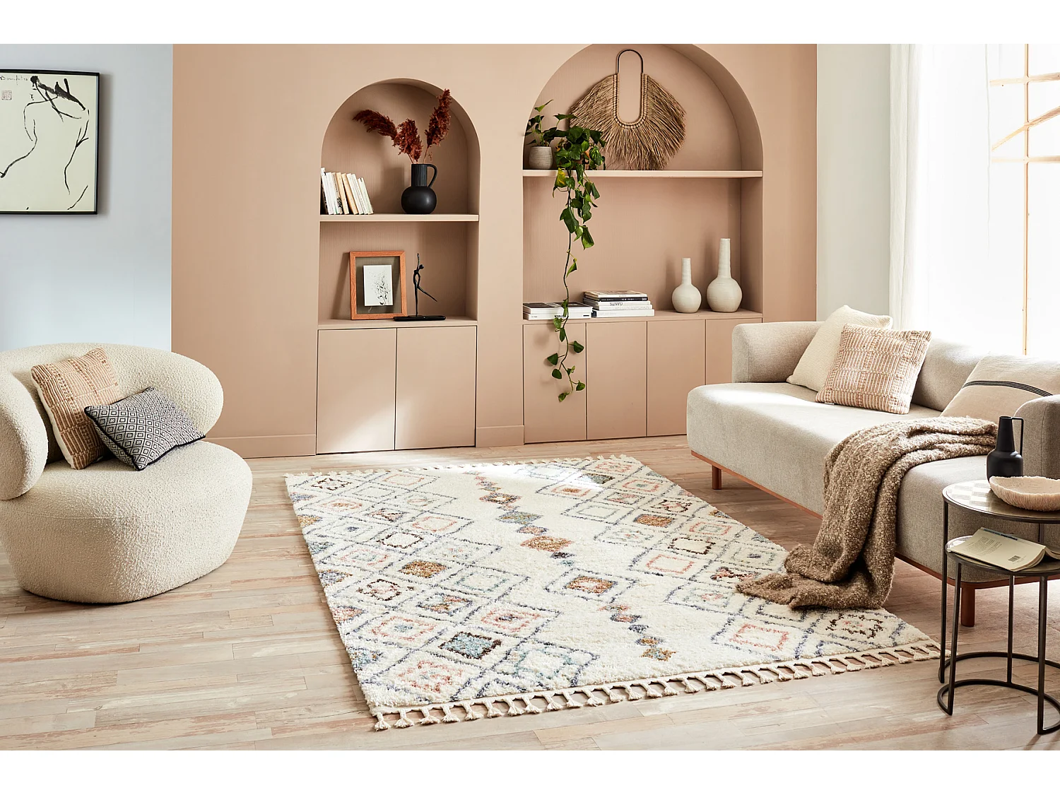 Tapis de salon - laine - franges - crème  - polypropylène - 120x170 cm
