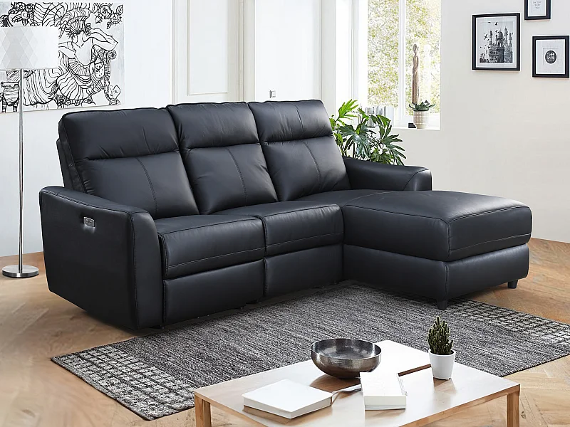 Canapé d'angle droit relax électrique en cuir noir ISPICA
