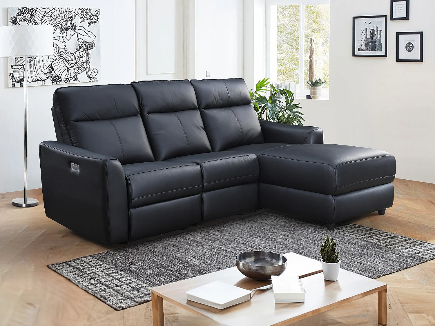 Canapé d'angle droit relax électrique en cuir noir ISPICA