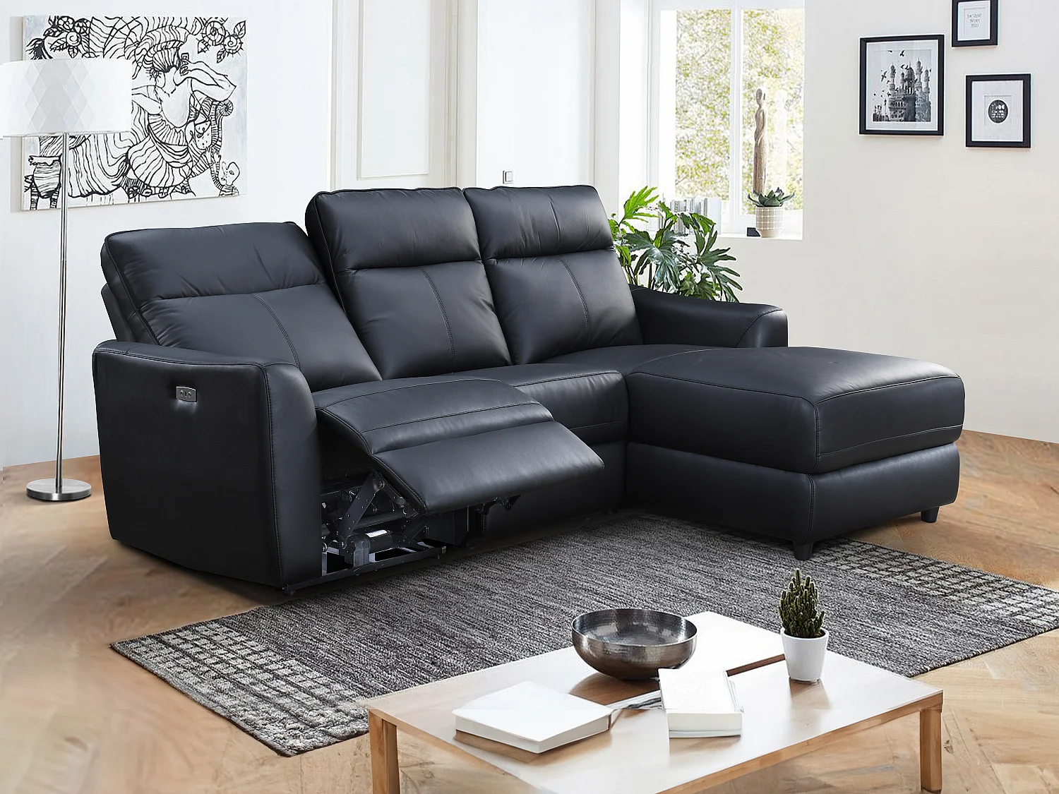 Divano relax elettrico in Pelle Nero - Angolo a destra - ISPICA