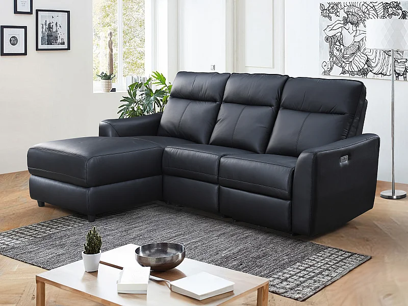 Eckrelaxsofa elektrisch - Ecke links - Leder - Schwarz - ISPICA