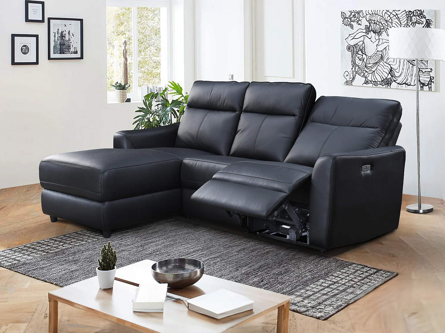 Eckrelaxsofa elektrisch - Ecke links - Leder - Schwarz - ISPICA