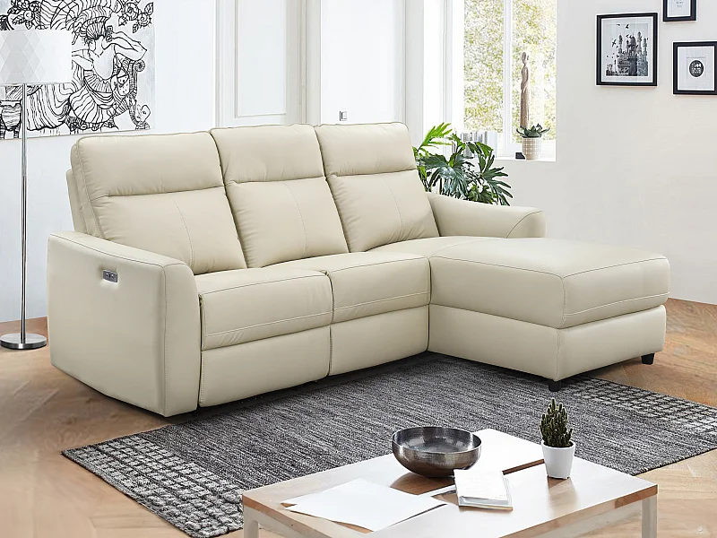 Canapé d'angle droit relax électrique en cuir beige ISPICA