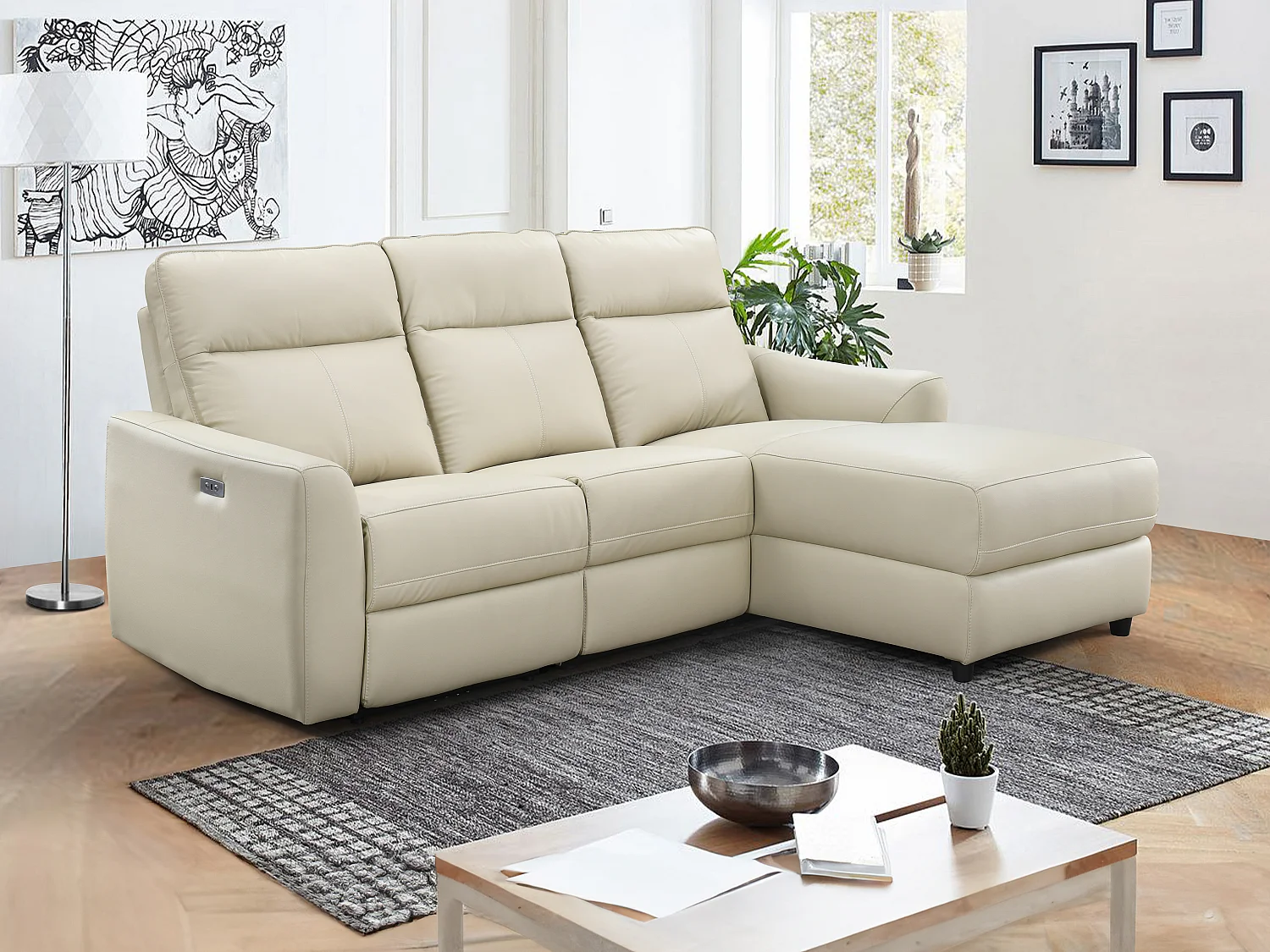 Eckrelaxsofa elektrisch - Ecke rechts - Leder - Beige - ISPICA
