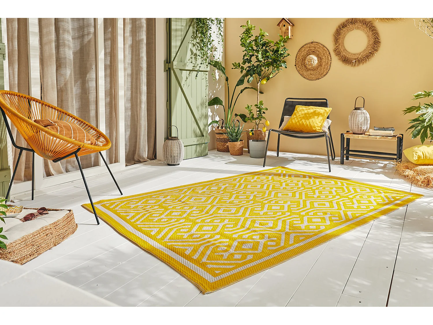 Tapis extérieur - jaune et blanc - scoobi - 180x280 cm - polypropylène