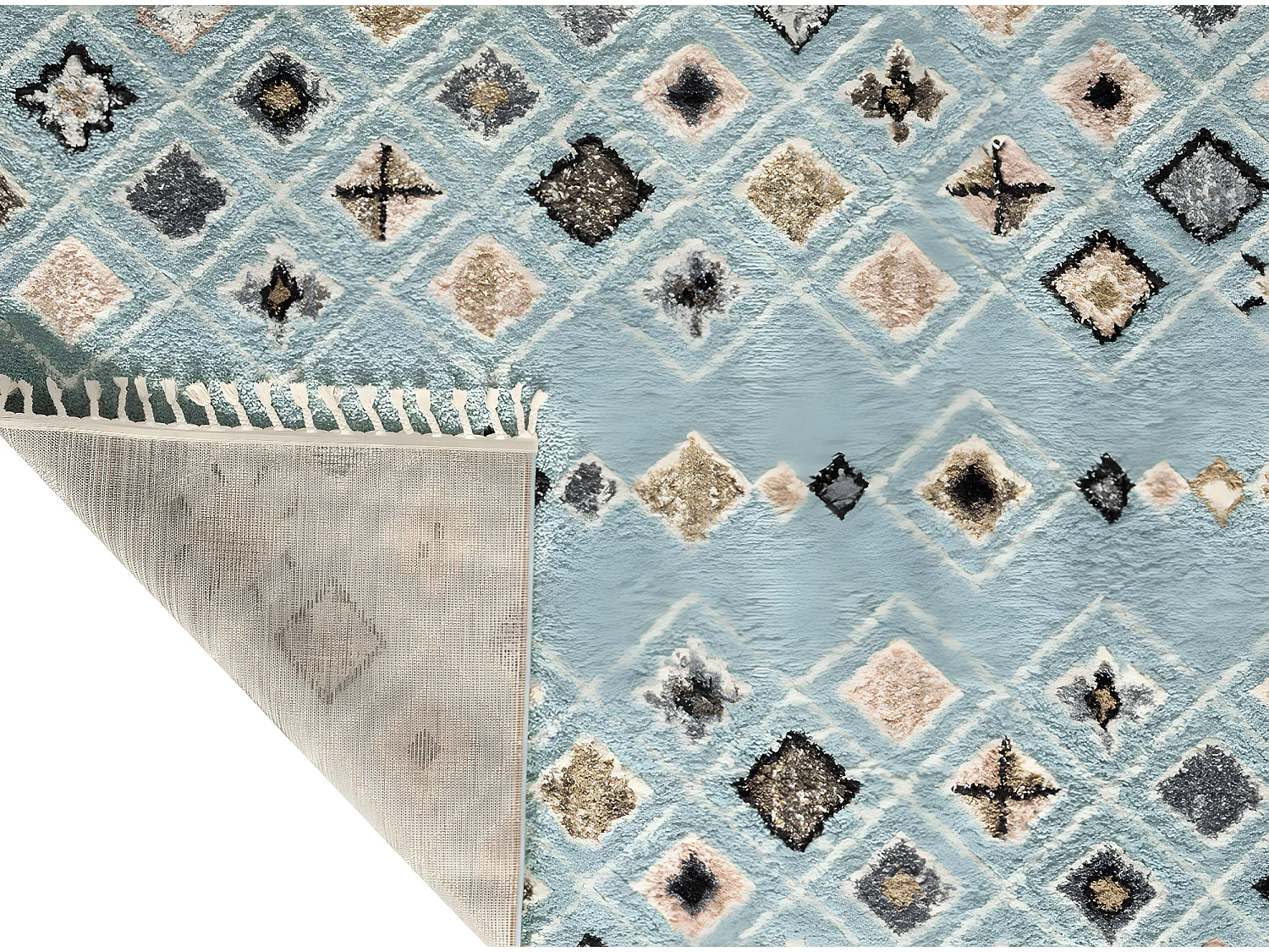 Tapis de salon - berbère - franges - laine - bleu - polypropylène - 120x170 cm