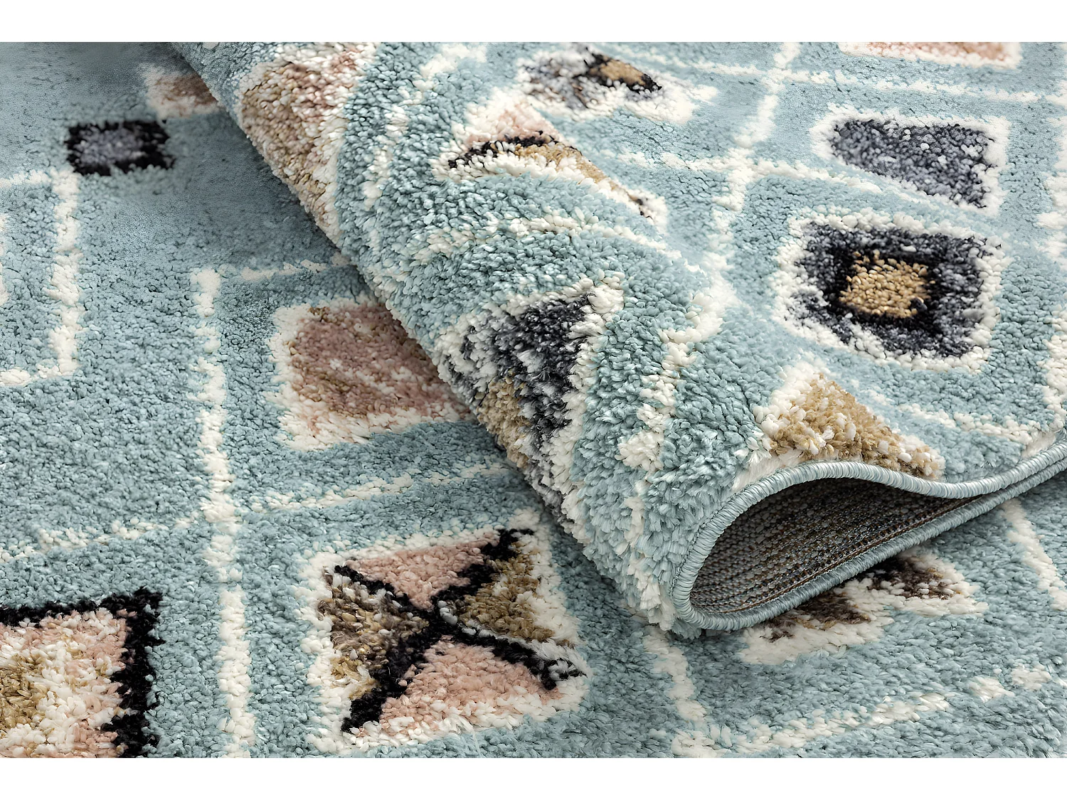 Tapis de salon - berbère - franges - laine - bleu - polypropylène - 120x170 cm