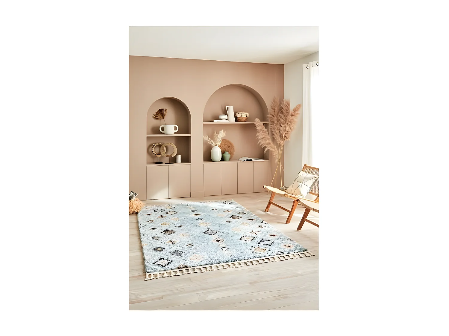 Tapis de salon - berbère - franges - laine - bleu - polypropylène - 120x170 cm
