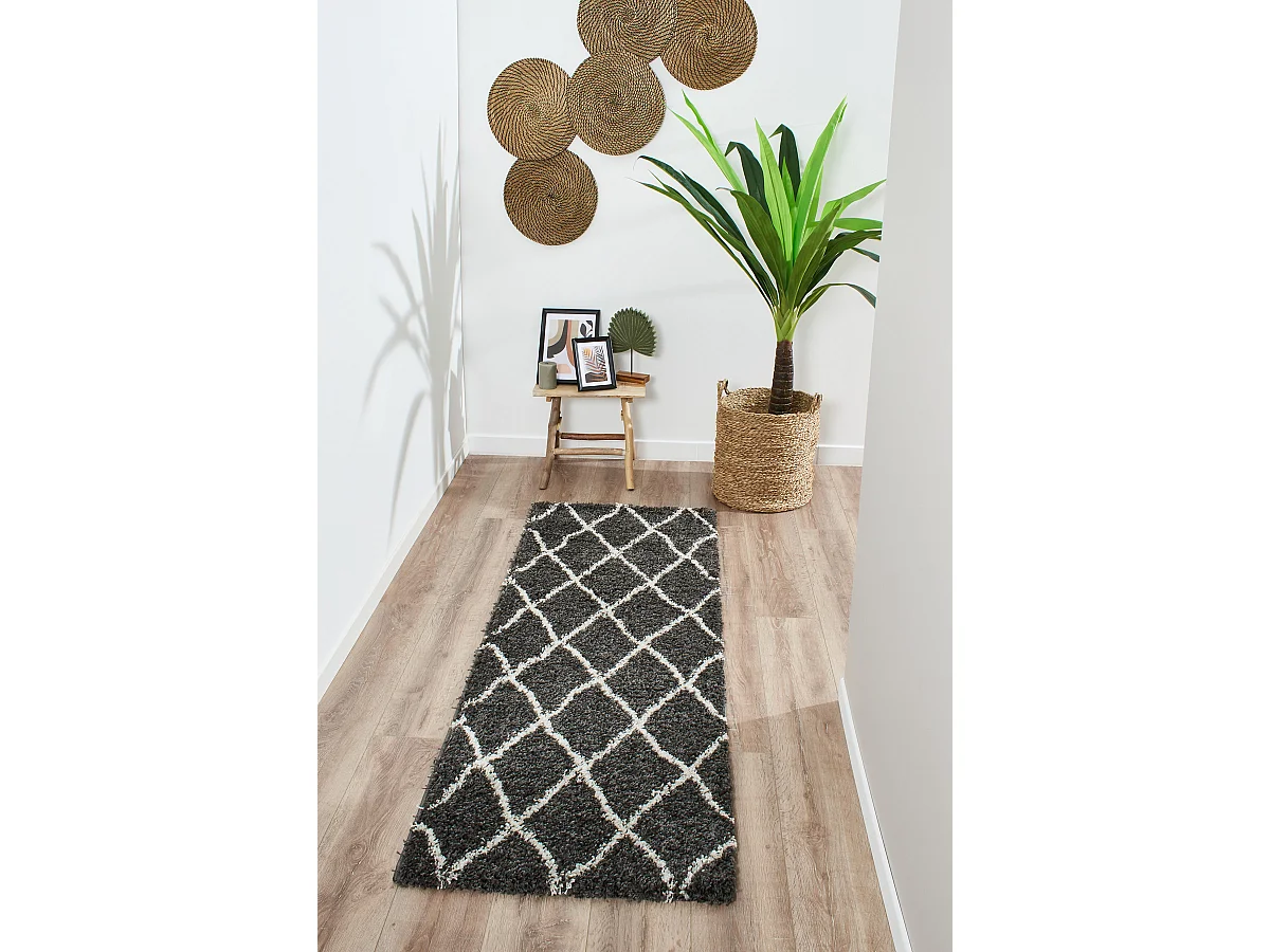 Tapis de salon - motif berbère - laine artificielle - Asma - 67x180cm - Anthracite