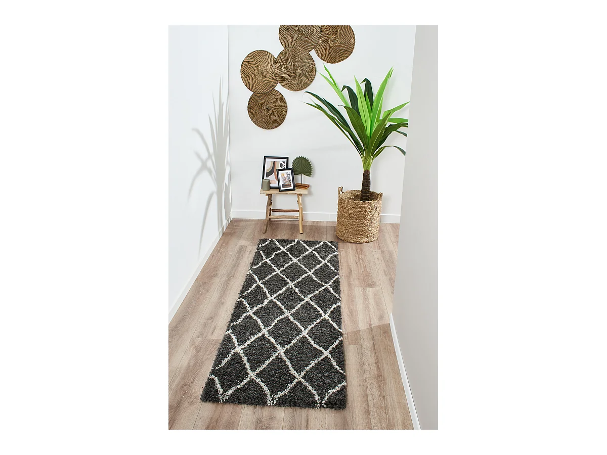 Tapis de salon - motif berbère - laine artificielle - Asma - 67x180cm - Anthracite