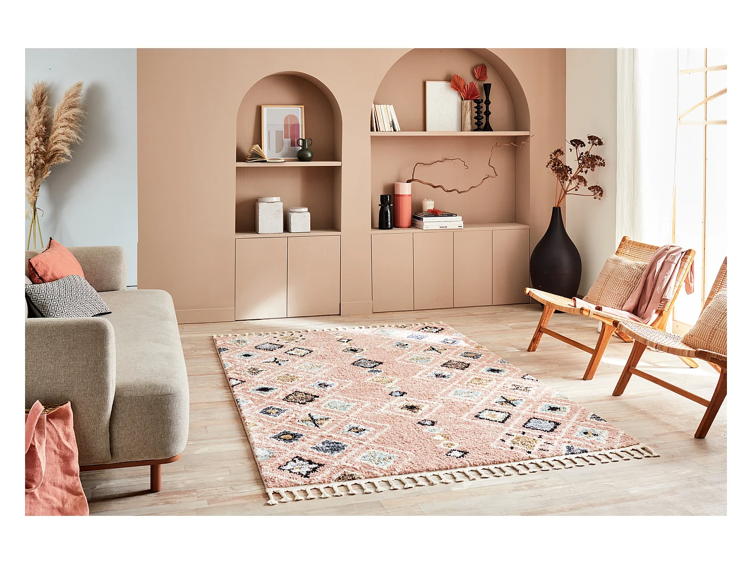 Tapis de salon - berbère - laine - rose - 200x290 cm