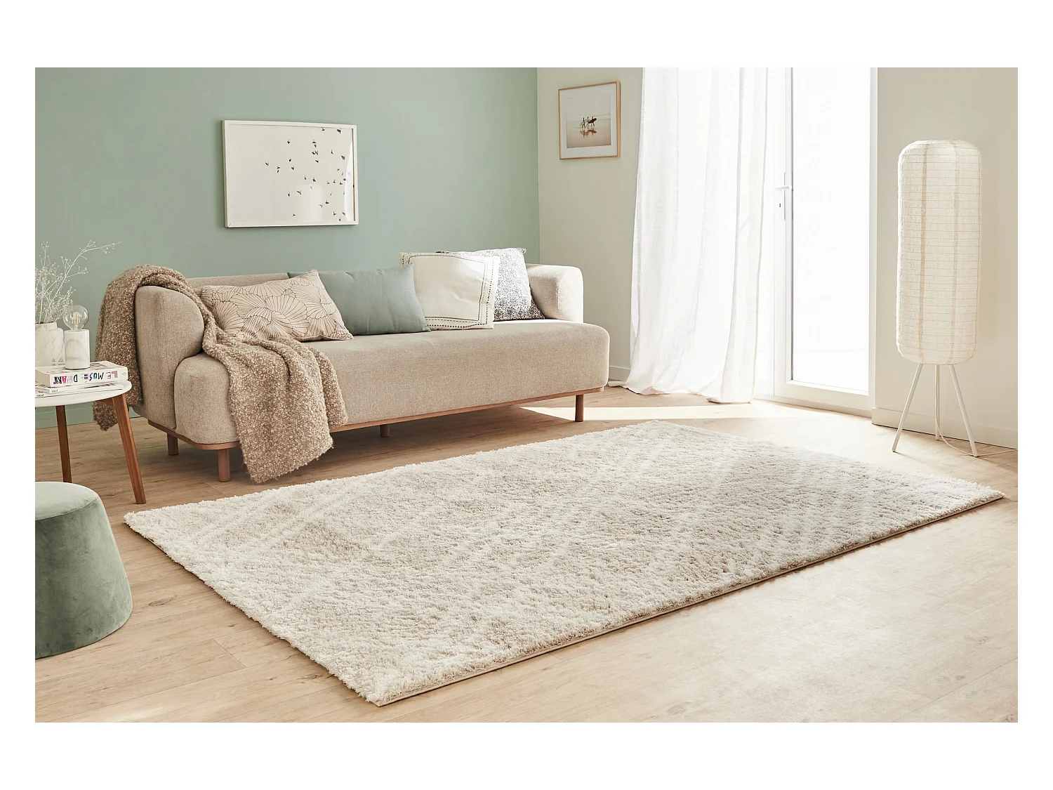 Tapis de salon - beige - grafique - poils long - doux - Oslo - 160x230