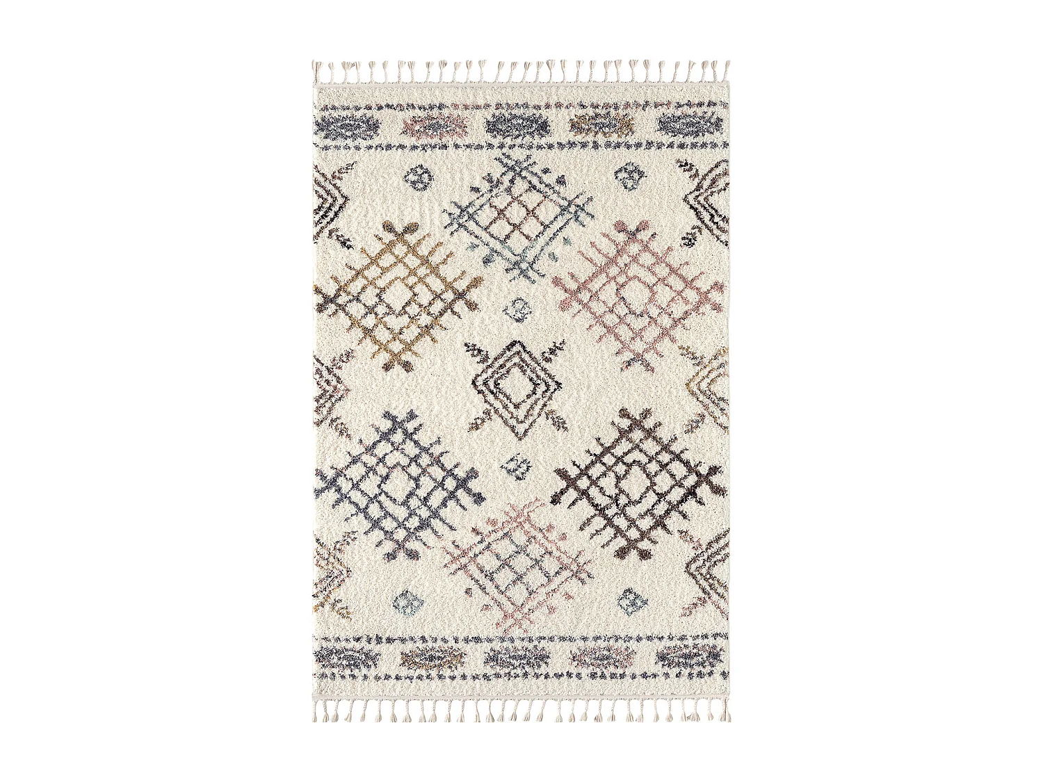 Tapis de salon - laine - franges - crème  - losange - 200x290 cm