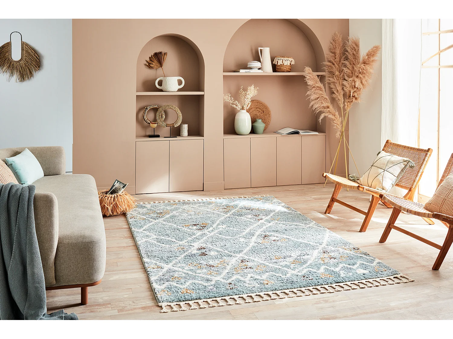 Tapis de salon - berbère - franges - laine - bleu - polypropylène - 120x170 cm