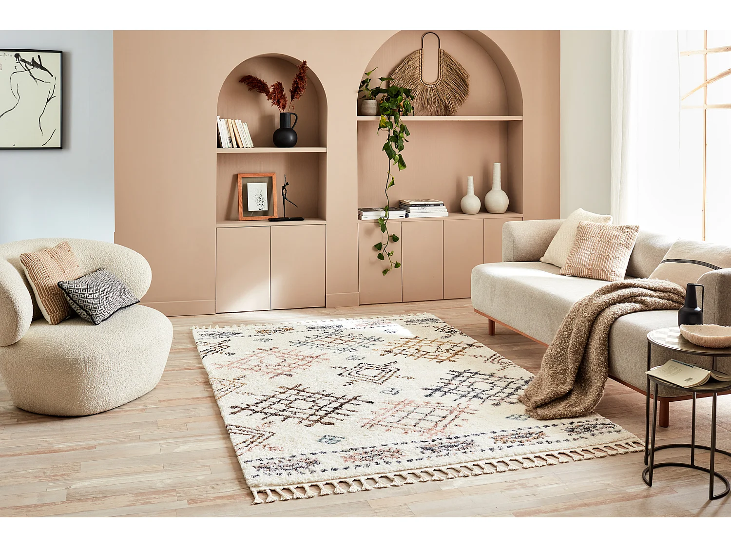 Tapis de salon - laine - franges - crème  - losange - 160x230 cm