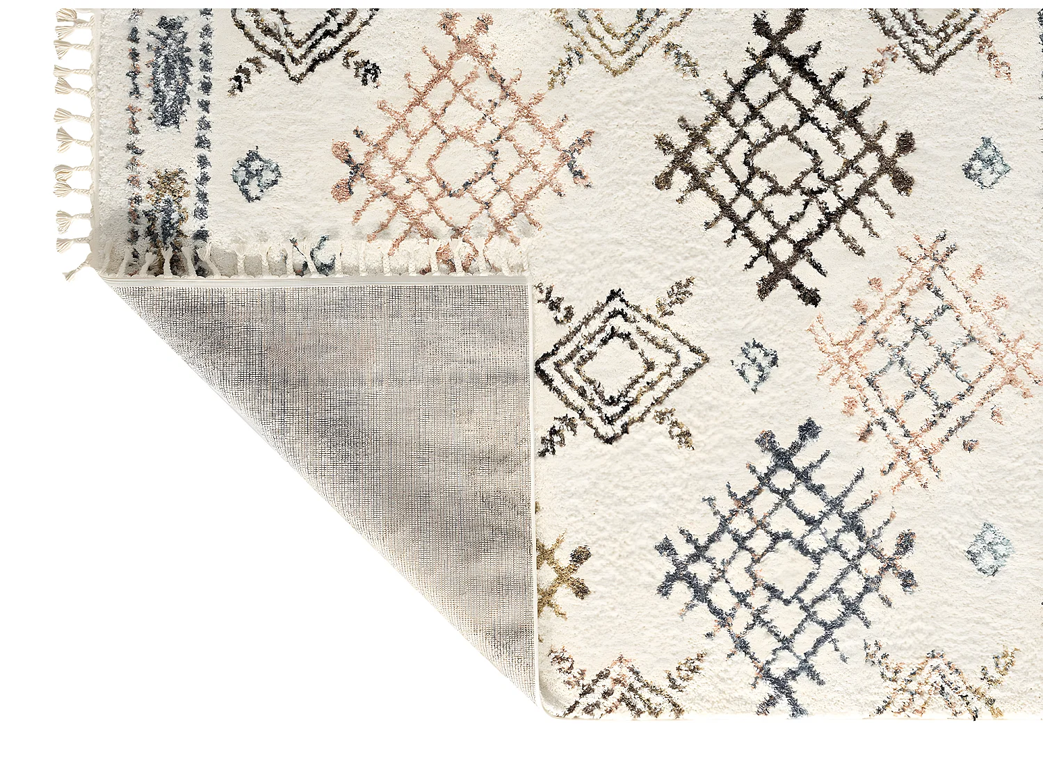 Tapis de salon - laine - franges - crème  - losange - 160x230 cm