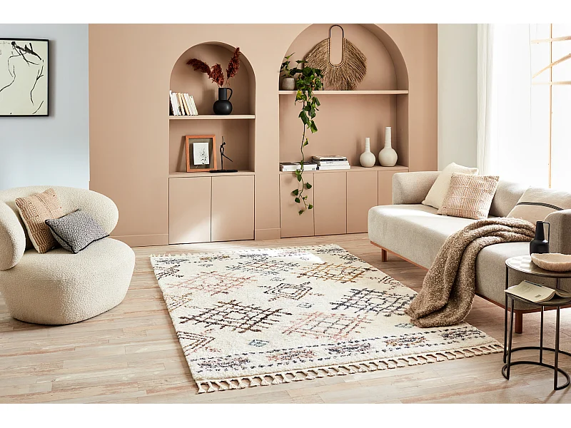 Tapis de salon - laine - franges - crème  - losange - 160x230 cm