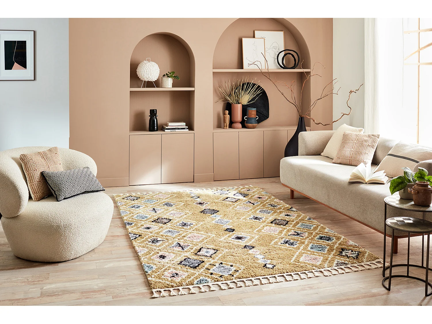 Tapis de salon - berbère - franges - laine - jaune - 160x230 cm