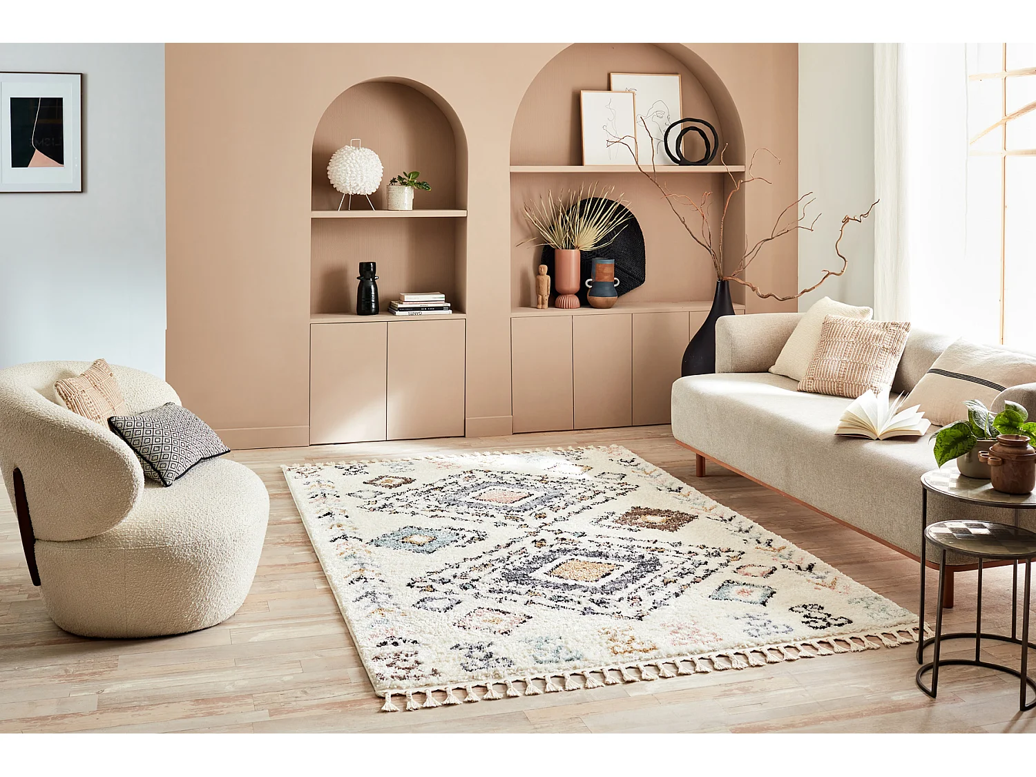 Tapis de salon - laine - franges - crème  - 80x150 cm