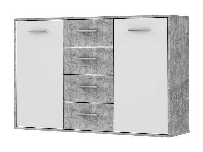 PILVI Buffet bas 2 portes 4 tiroirs - Blanc et beton gris clair - L 122,6 x P 34,2 H 88,1 cm