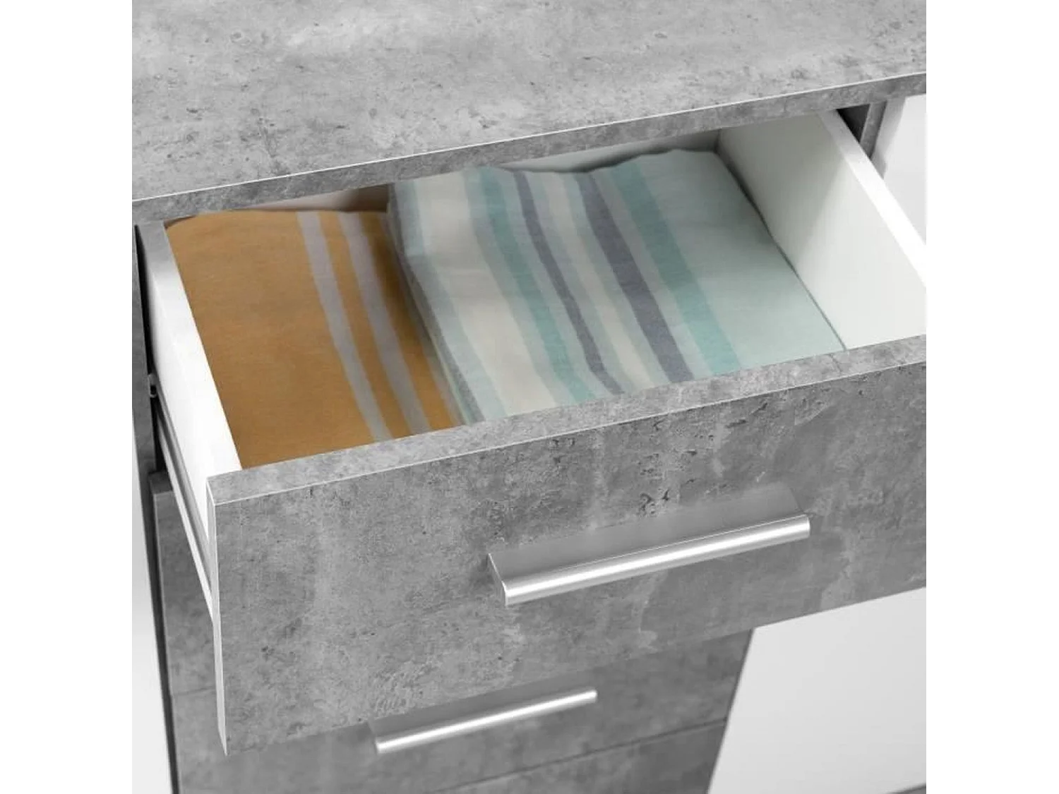 Credenza bassa 2 ante e 4 cassetti Bianco e cemento chiaro 122,6 x 34,2 x 81,1 cm