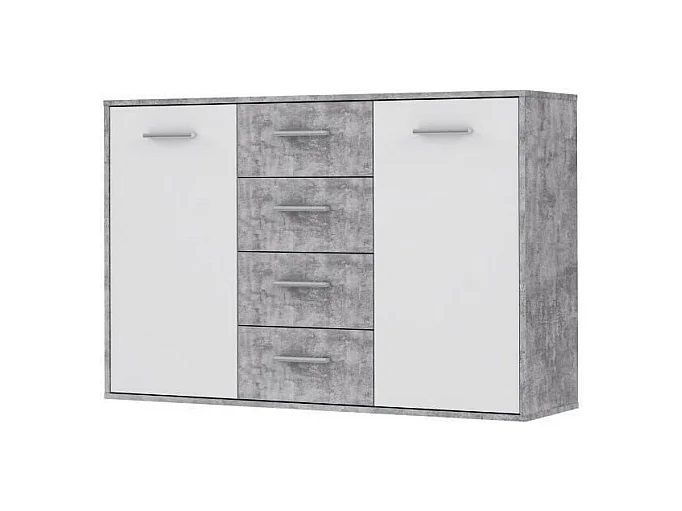PILVI Buffet bas 2 portes 4 tiroirs - Blanc et beton gris clair - L 122,6 x P 34,2 H 88,1 cm