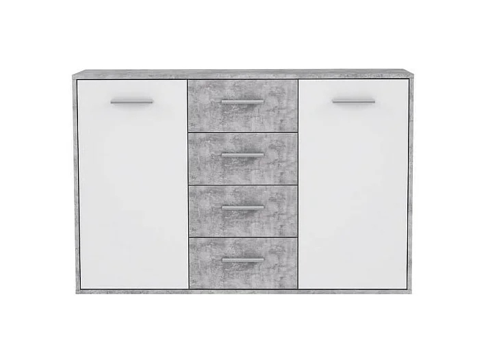 Niedriges Sideboard mit 2 Türen und 4 Schubladen – Weiß und heller Beton – 122,6 x 34,2 x 81,1 cm