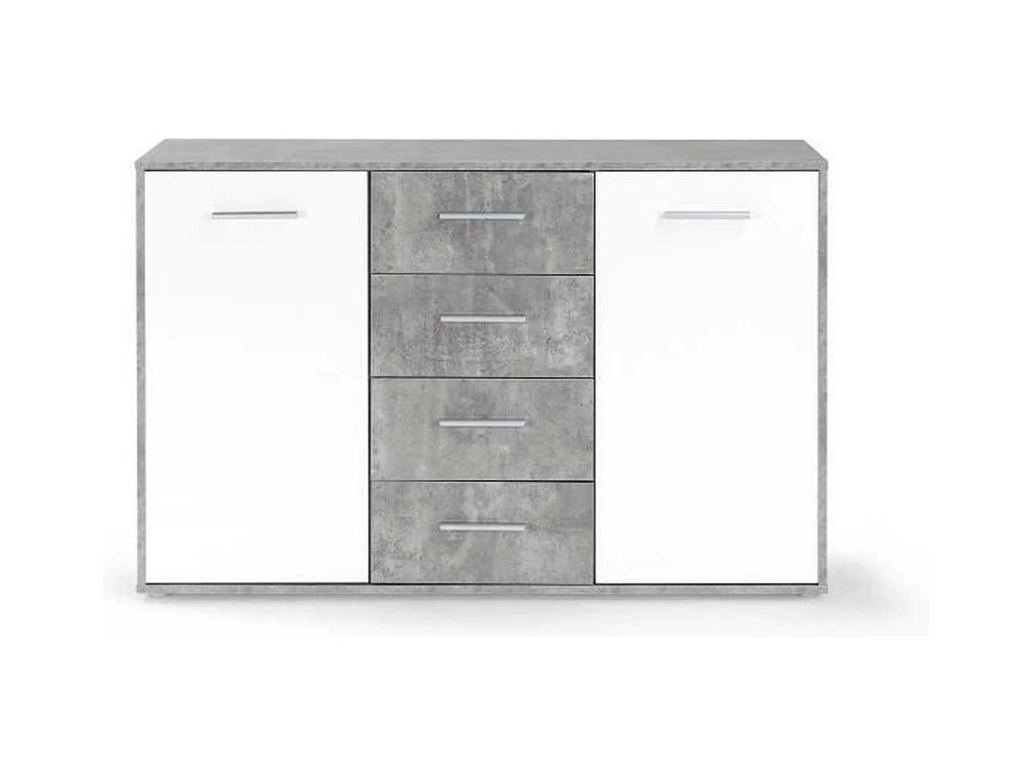 Niedriges Sideboard mit 2 Türen und 4 Schubladen – Weiß und heller Beton – 122,6 x 34,2 x 81,1 cm