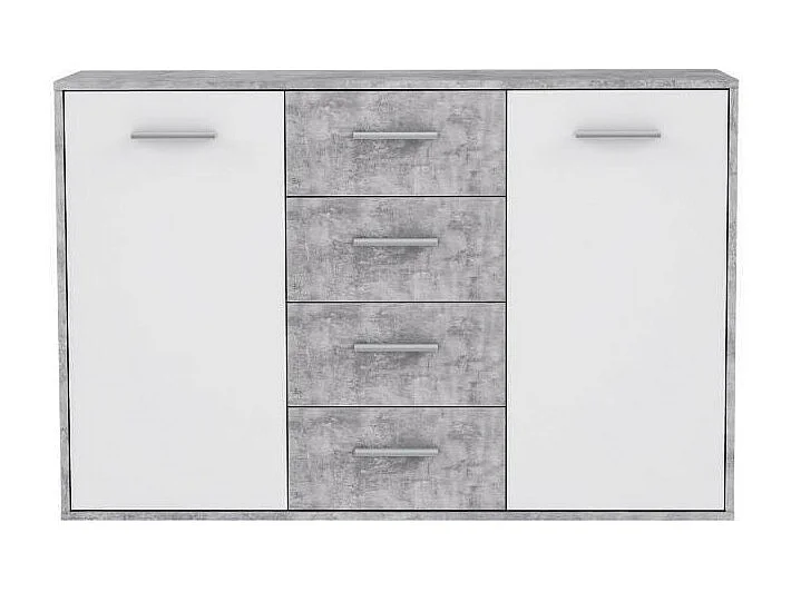 PILVI Buffet bas 2 portes 4 tiroirs - Blanc et beton gris clair - L 122,6 x P 34,2 H 88,1 cm