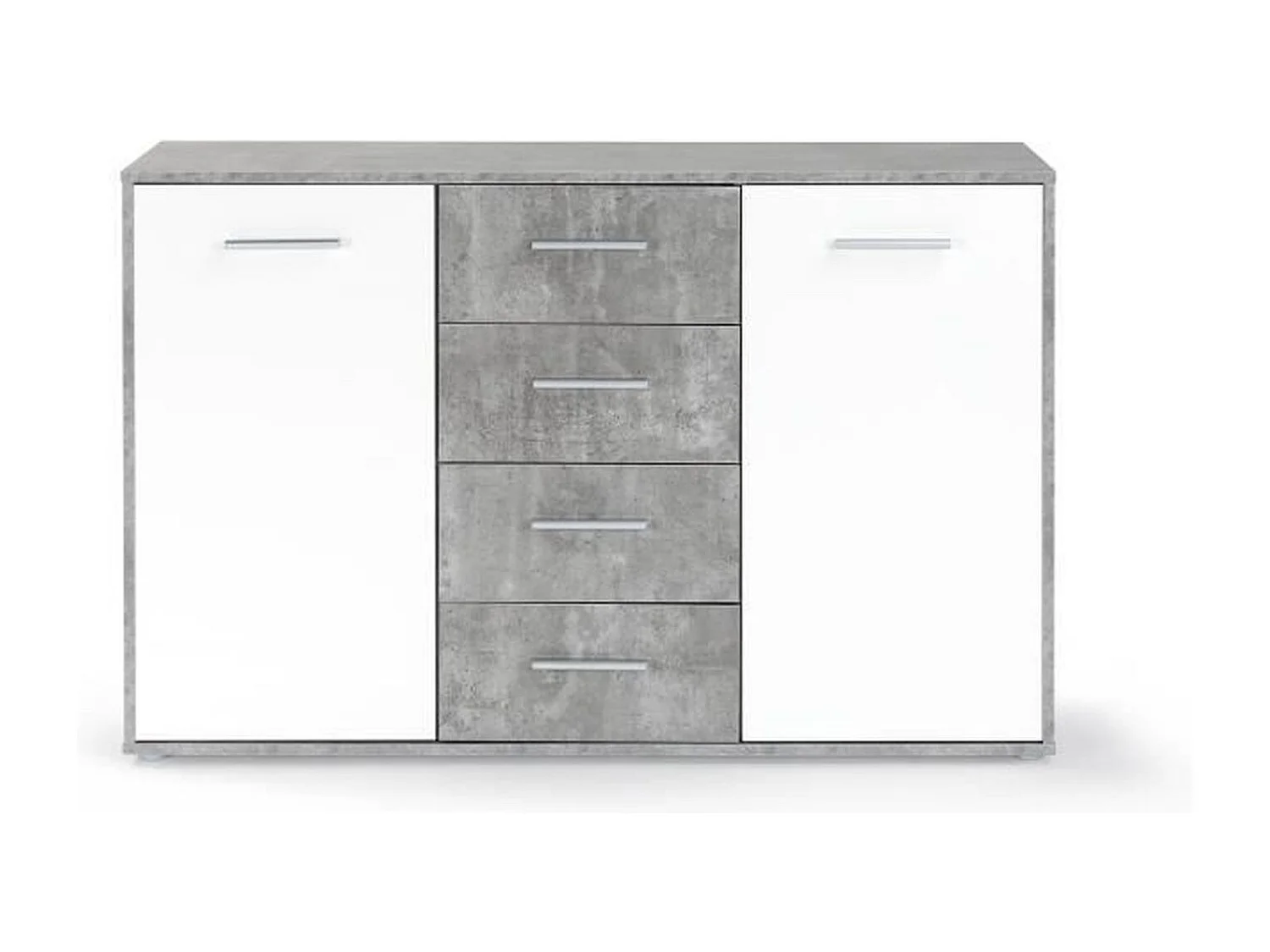 PILVI Buffet bas 2 portes 4 tiroirs - Blanc et beton gris clair - L 122,6 x P 34,2 H 88,1 cm