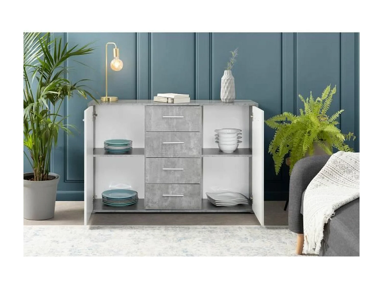 PILVI Buffet bas 2 portes 4 tiroirs - Blanc et beton gris clair - L 122,6 x P 34,2 H 88,1 cm