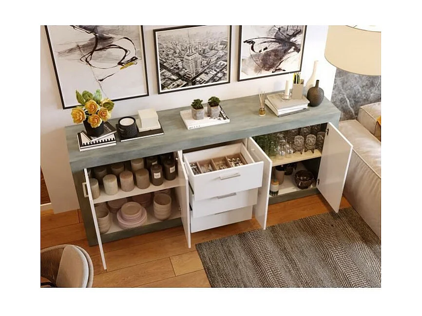 STONE Buffet 4 portes 3 tiroirs - Décor béton et blanc - L 206 x P 45 x H 83,4 cm