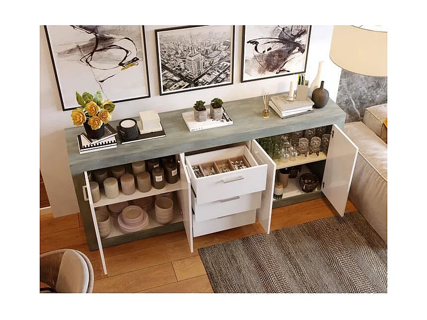 STONE Buffet 4 portes 3 tiroirs - Décor béton et blanc - L 206 x P 45 x H 83,4 cm