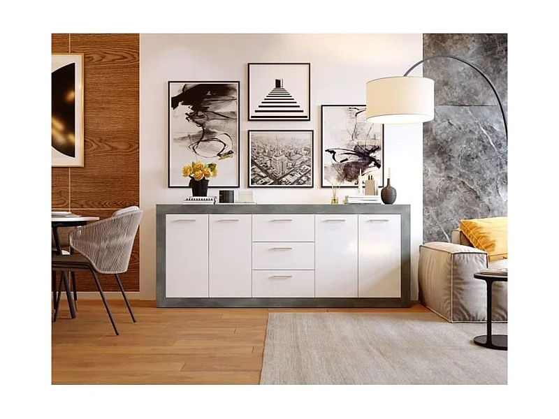 STONE Buffet 4 portes 3 tiroirs - Décor béton et blanc - L 206 x P 45 x H 83,4 cm