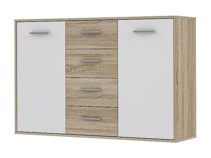 Aparador bajo 2 puertas y 4 cajones - Blanco y roble Sonoma - 122,6 x 34,2 x 81,1 cm