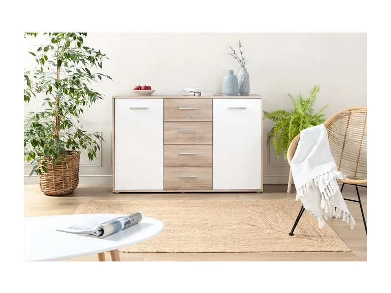 Aparador bajo 2 puertas y 4 cajones - Blanco y roble Sonoma - 122,6 x 34,2 x 81,1 cm