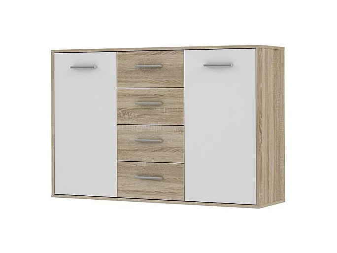 PILVI Buffet bas 2 portes 4 tiroirs - Blanc et chene sonoma - L 122,6 x P 34,2 H 88,1 cm