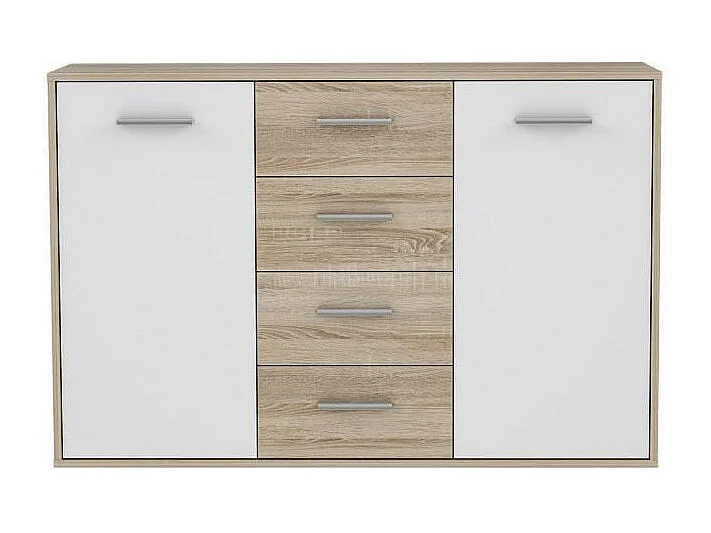 PILVI Buffet bas 2 portes 4 tiroirs - Blanc et chene sonoma - L 122,6 x P 34,2 H 88,1 cm