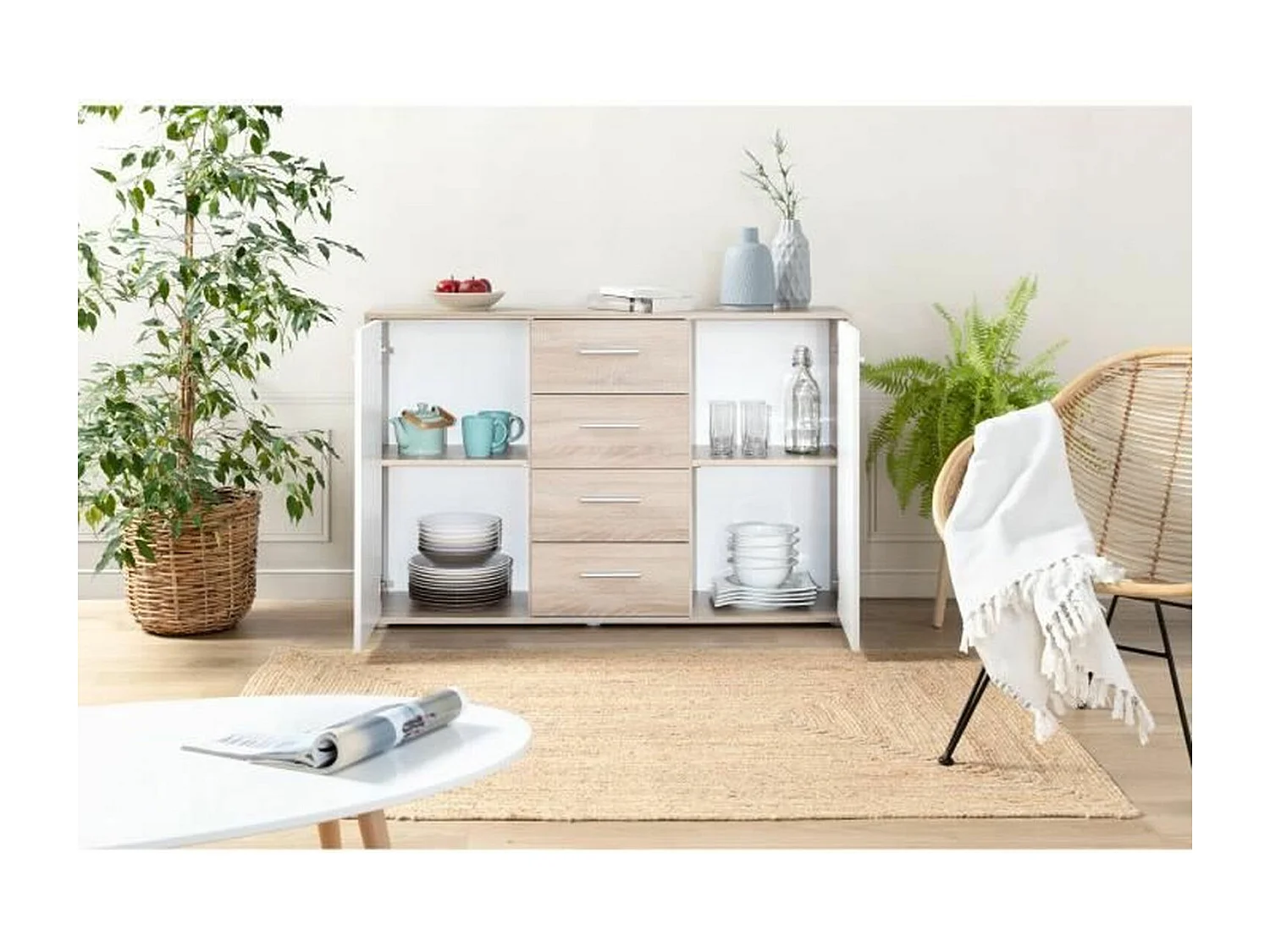 PILVI Buffet bas 2 portes 4 tiroirs - Blanc et chene sonoma - L 122,6 x P 34,2 H 88,1 cm