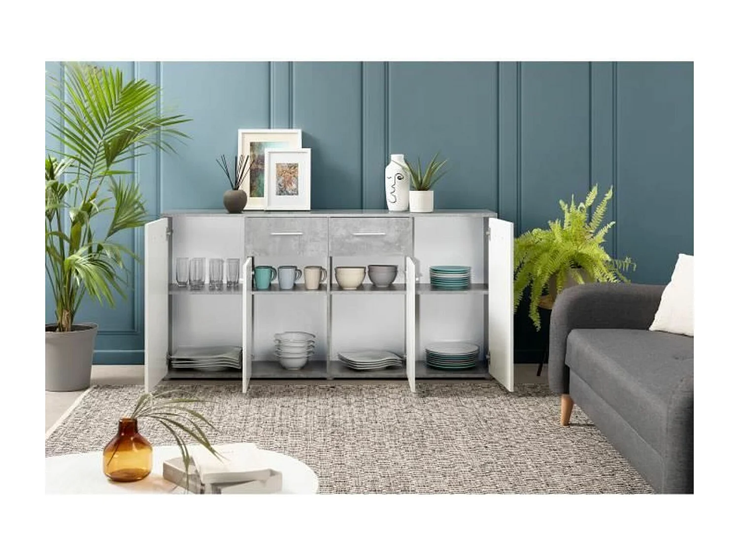 Credenza bassa 4 ante e 2 cassetti Bianco e cemento chiaro 162,3 x 34,2 x 88,1 cm