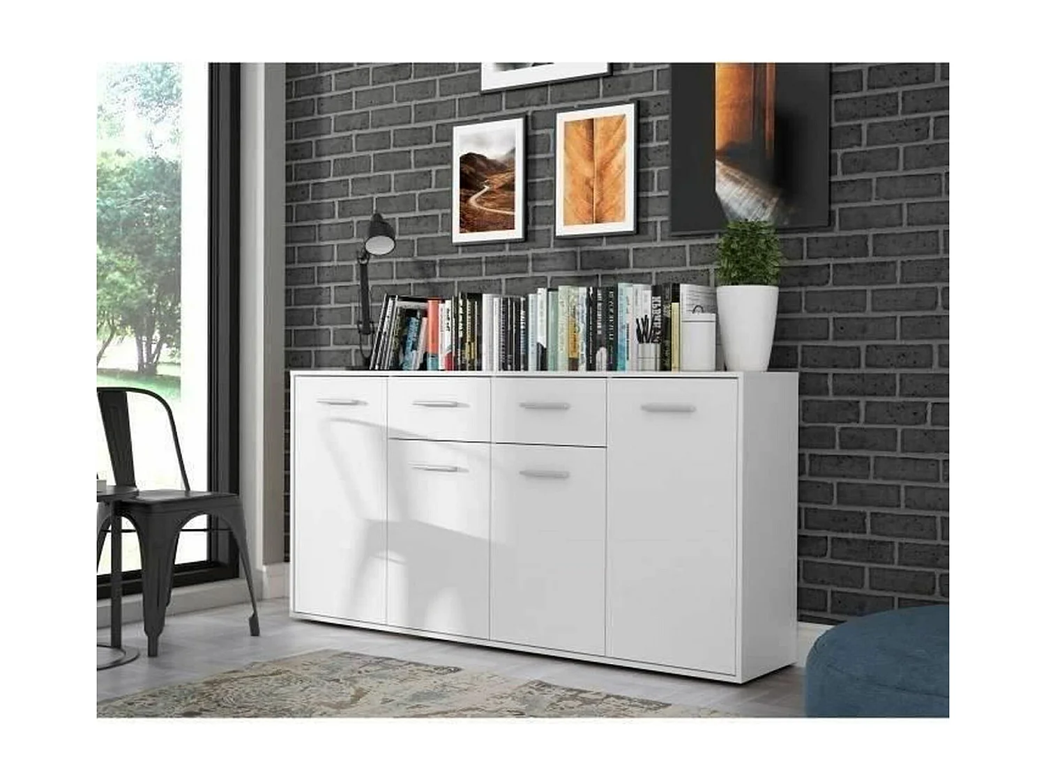 Buffet bas 4 portes et 2 tiroirs - Blanc mat - 162,3 x 34,2 x 88,1 cm