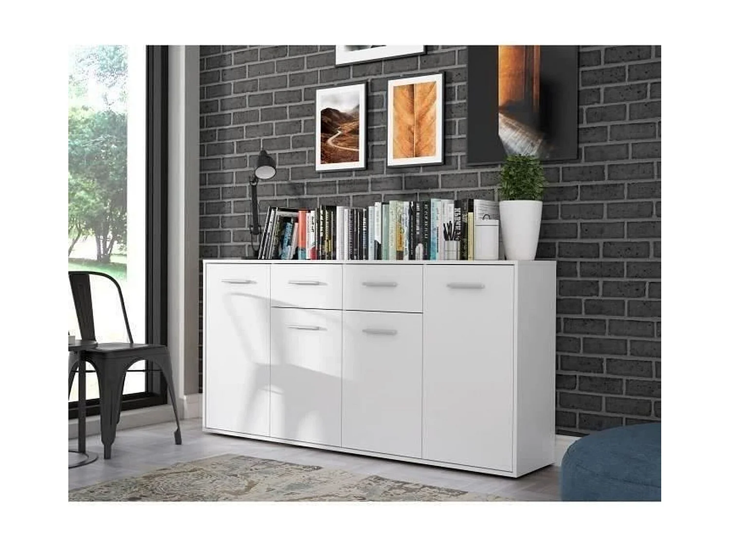 Buffet baixo PILVI branco mate 4 portas 2 gavetas madeira 162x34x88 cm para sala