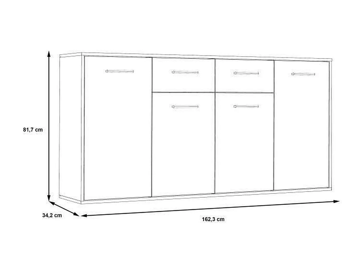 Buffet baixo PILVI branco mate 4 portas 2 gavetas madeira 162x34x88 cm para sala