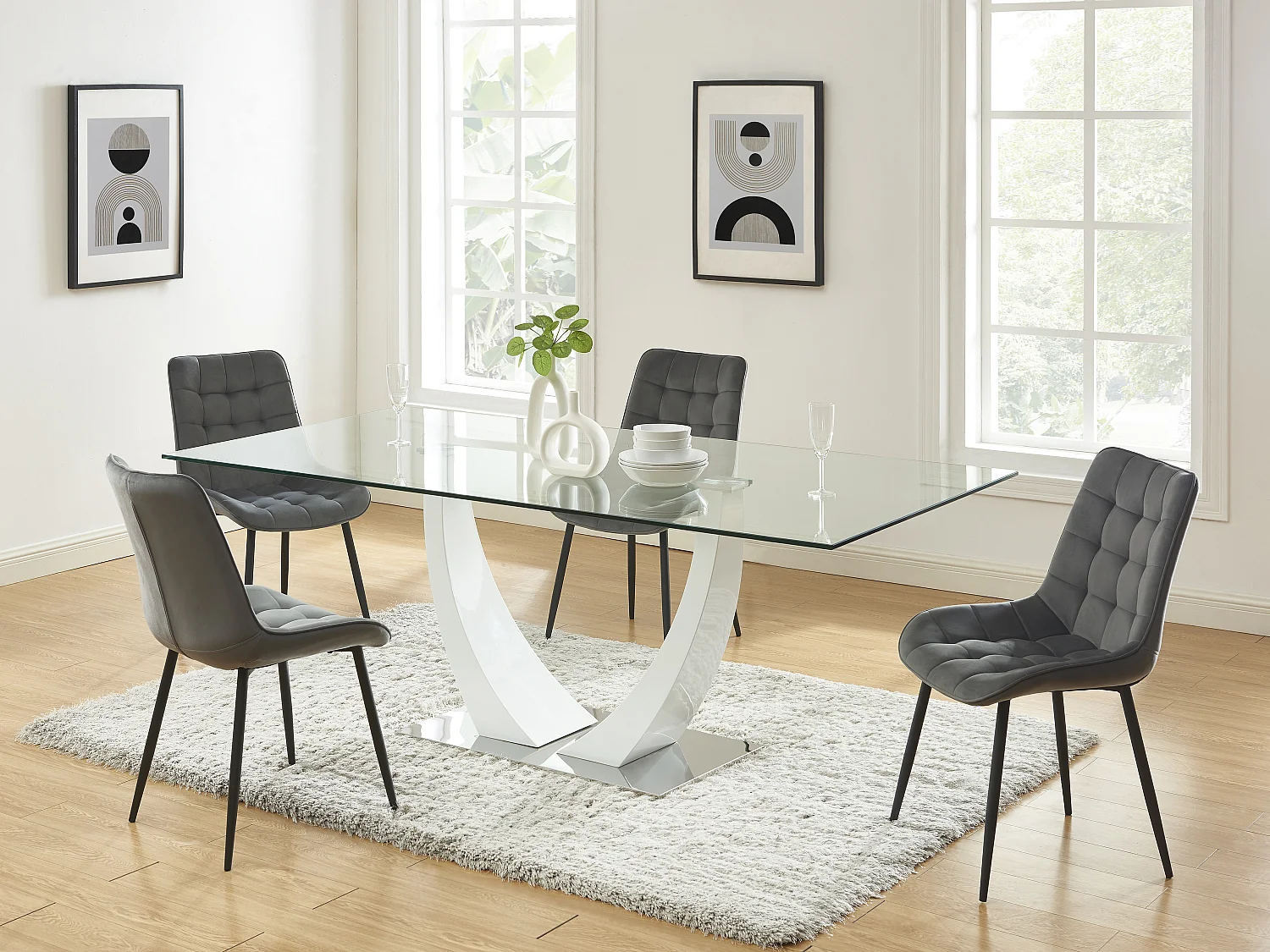 Lot de 6 chaises matelassées - Velours et métal noir - Gris - OLLUA